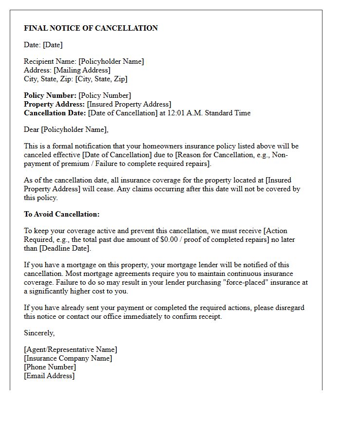 Final Notice Letter Prior To Homeowners Policy Cancellation