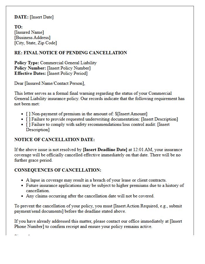 Commercial Liability Final Warning Letter Prior To Cancellation
