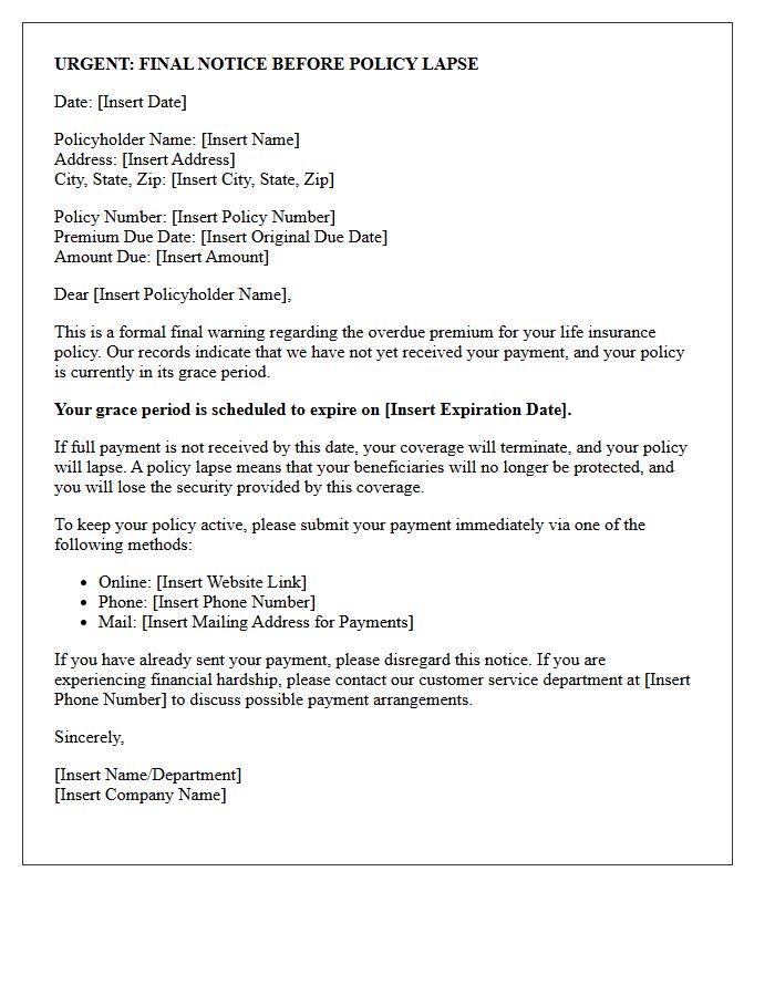 Life Insurance Grace Period Final Warning Letter