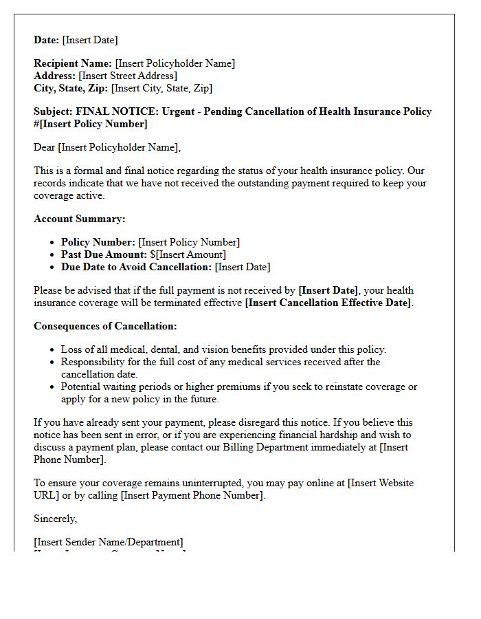 Health Insurance Policy Cancellation Final Warning Letter
