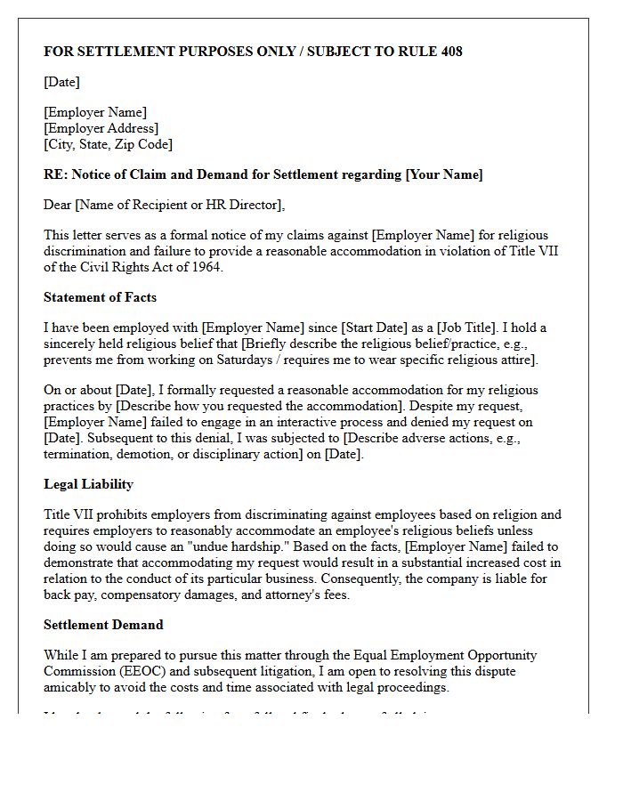 Title VII Religious Discrimination And Failure To Accommodate Settlement Demand Letter