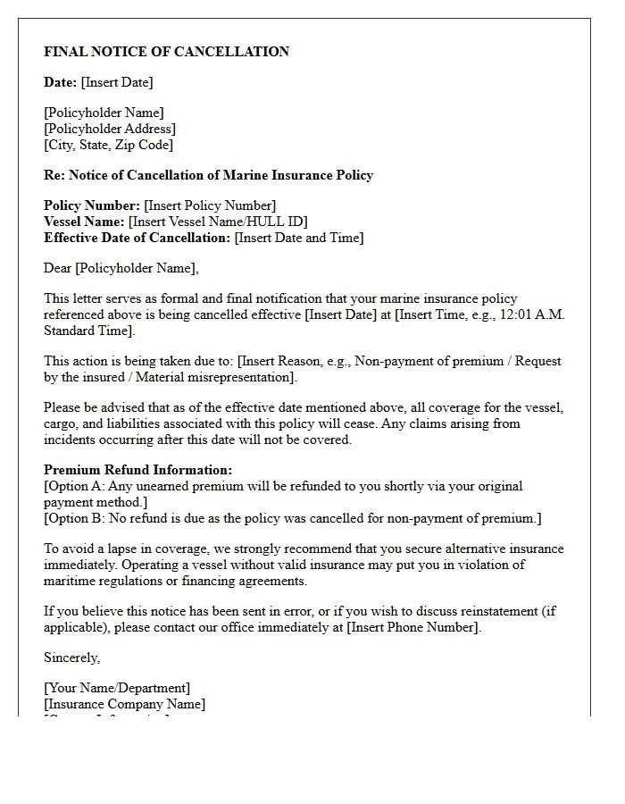 Marine Insurance Policy Cancellation Final Notice Letter