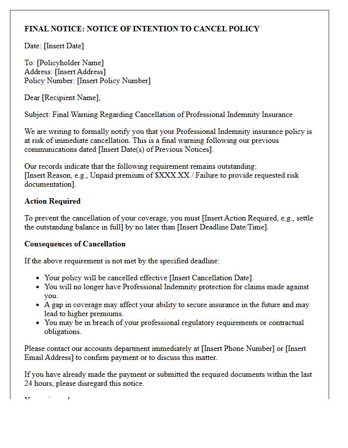 Professional Indemnity Cancellation Final Warning Letter