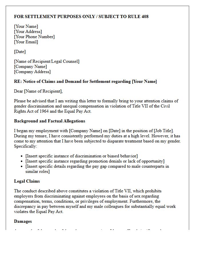 Title VII Gender Discrimination And Unequal Compensation Settlement Demand Letter