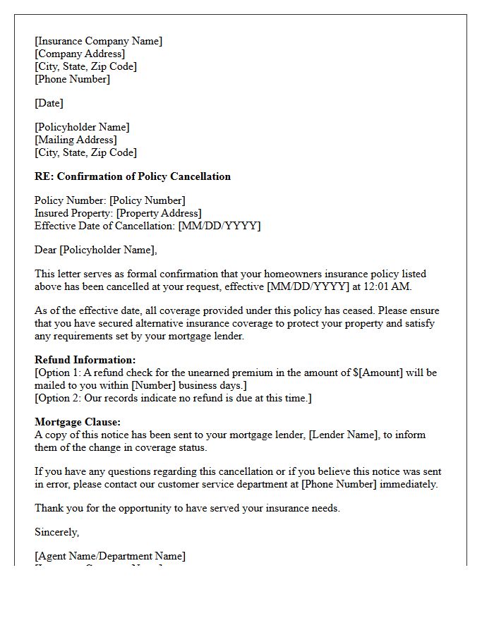Standard Homeowners Insurance Policy Cancellation Confirmation Letter