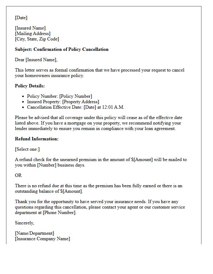 Insured-Initiated Homeowners Policy Cancellation Confirmation Letter