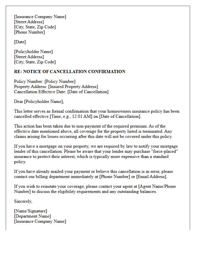 Non-Payment Homeowners Insurance Cancellation Confirmation Letter