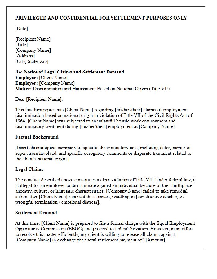 Title VII National Origin Discrimination Settlement Demand Letter For Law Firm Paralegal