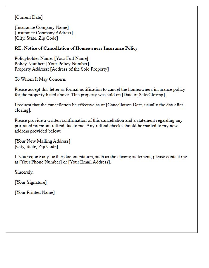 Property Sale Homeowners Insurance Cancellation Confirmation Letter