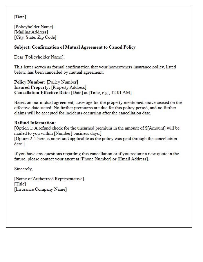 Mutual Agreement Homeowners Policy Cancellation Confirmation Letter