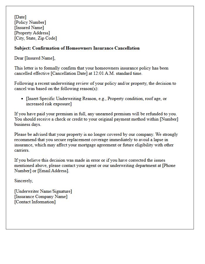 Underwriting Review Homeowners Insurance Cancellation Confirmation Letter