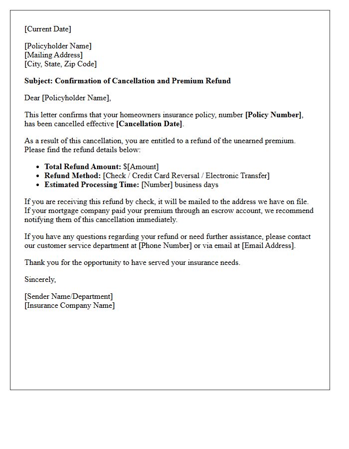 Premium Refund Homeowners Insurance Cancellation Confirmation Letter