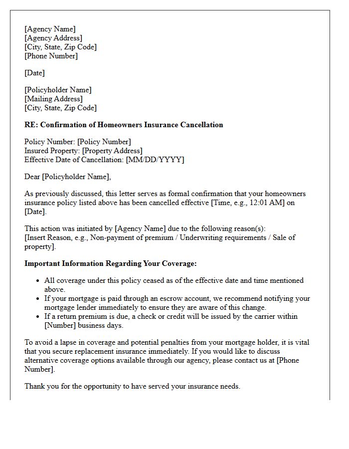 Agency-Initiated Homeowners Insurance Cancellation Confirmation Letter