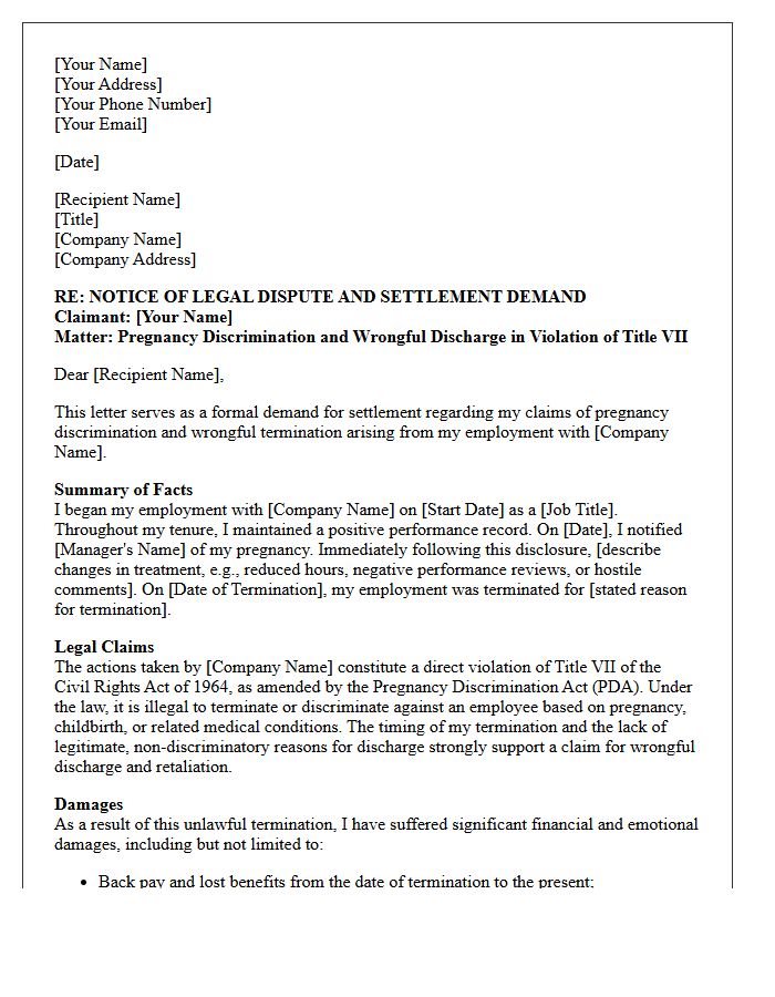 Title VII Pregnancy Discrimination And Wrongful Discharge Settlement Demand Letter