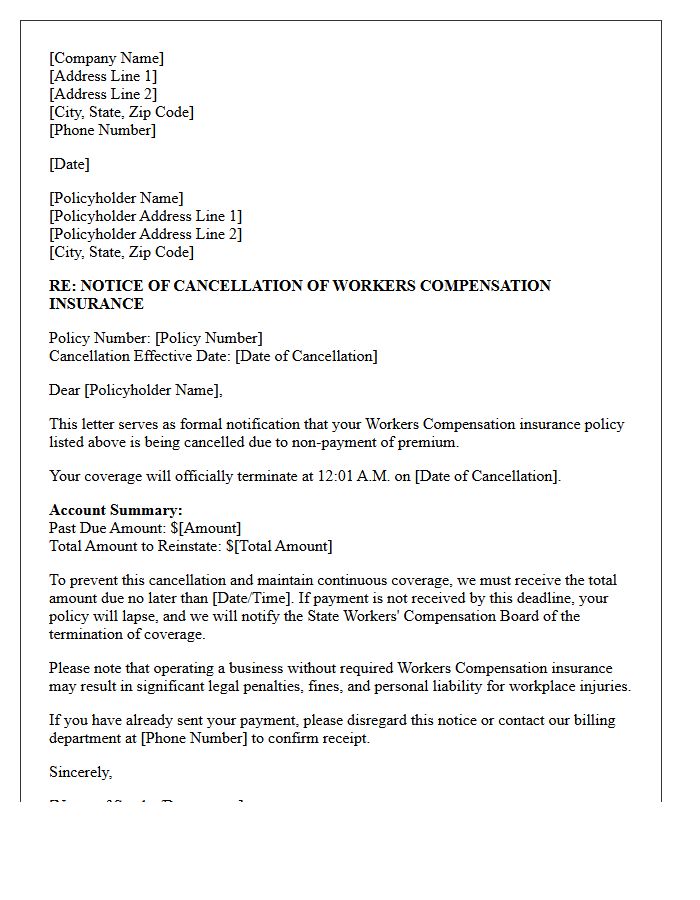 Notice of Workers Compensation Cancellation for Non-Payment Letter