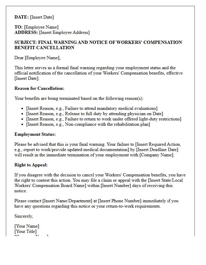 Final Warning and Workers Compensation Cancellation Letter