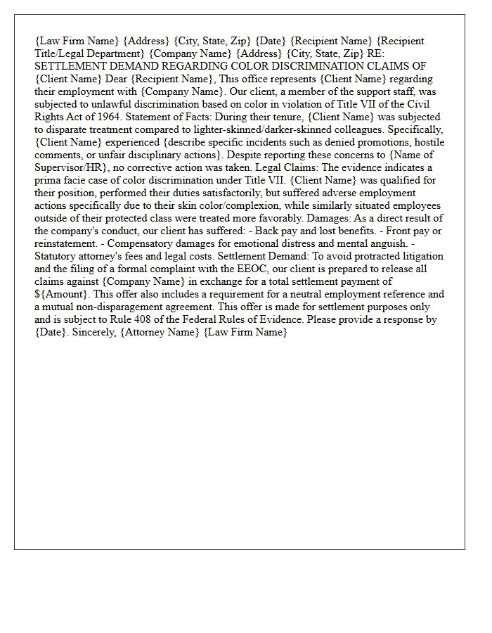 Title VII Color Discrimination Settlement Demand Letter For Law Firm Support Staff