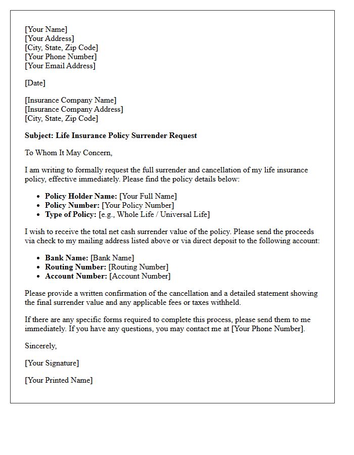 Life Insurance Surrender Request Letter