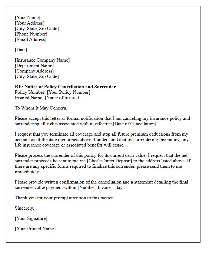 Policy Cancellation and Surrender Notice Letter