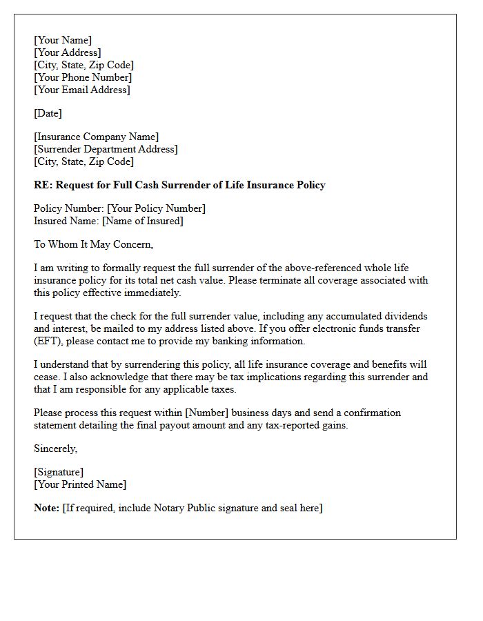 Whole Life Insurance Cash Surrender Letter