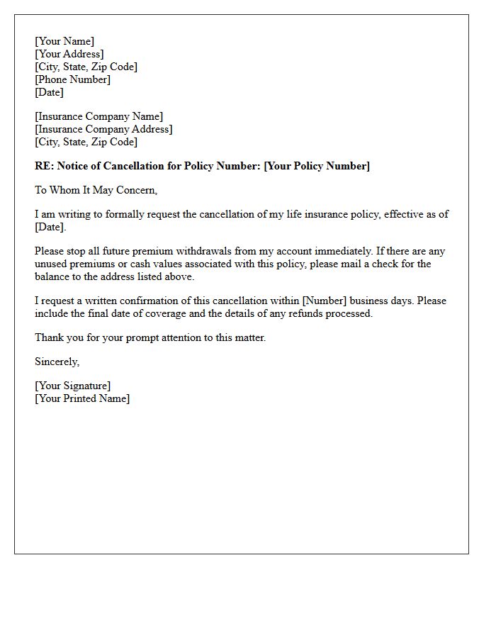 Notice of Life Insurance Policy Cancellation Letter