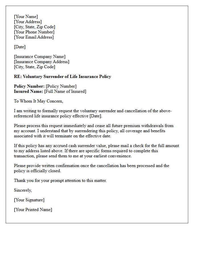 Voluntary Life Insurance Surrender Notification Letter