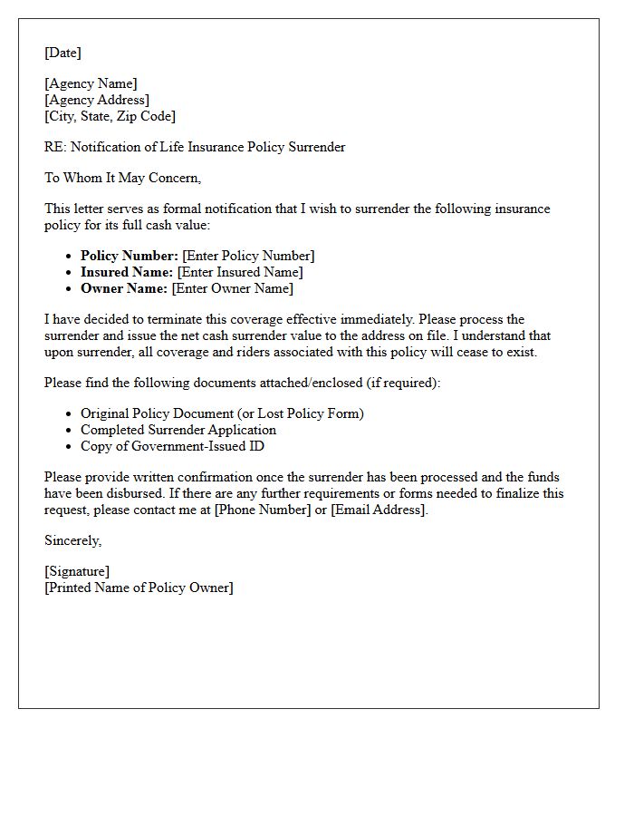 Agency Notification of Policy Surrender Letter