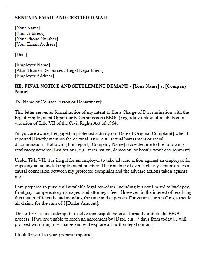 Final Notice Title VII Retaliation Settlement Demand Letter Before EEOC Filing