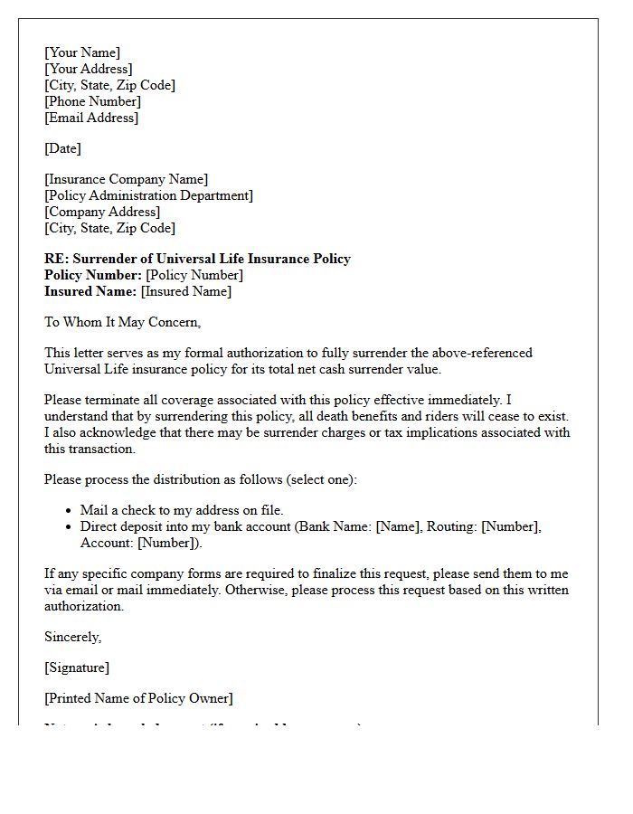 Universal Life Policy Surrender Authorization Letter