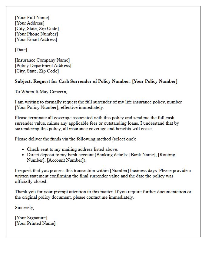 Request for Cash Surrender Value Letter