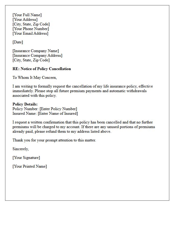 Life Insurance Premium Cancellation Letter