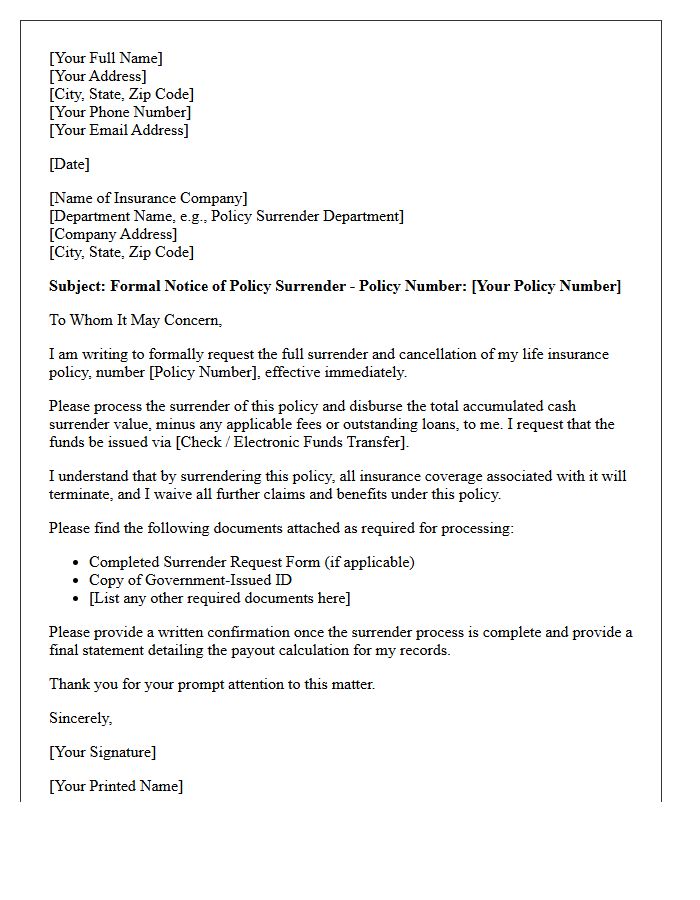 Formal Life Insurance Surrender Notice Letter