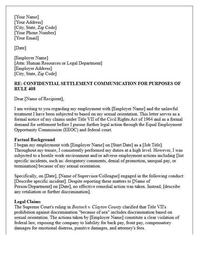 Title VII Sexual Orientation Discrimination Settlement Demand Letter For Legal Employee