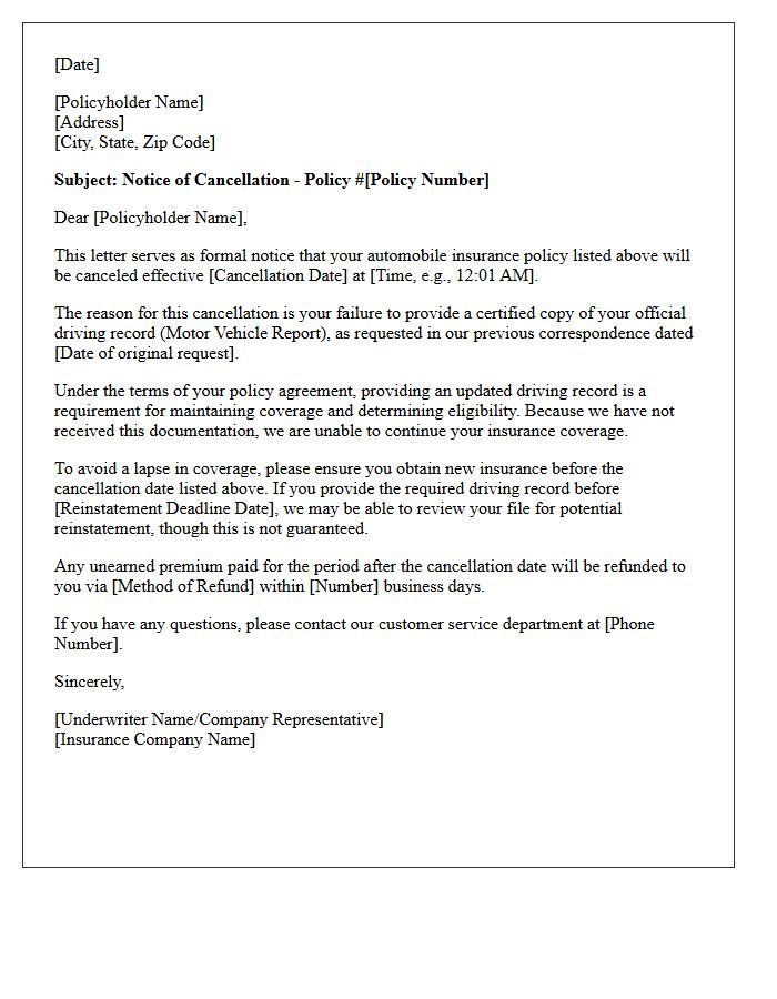 Auto Insurance Failure To Provide Driving Record Cancellation Letter