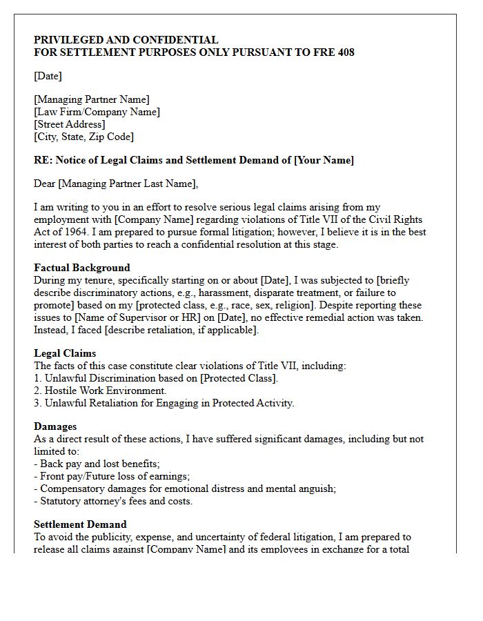 Confidential Title VII Workplace Discrimination Settlement Demand Letter To Managing Partner