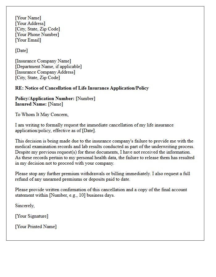 Life Insurance Failure To Provide Medical Examination Records Cancellation Letter