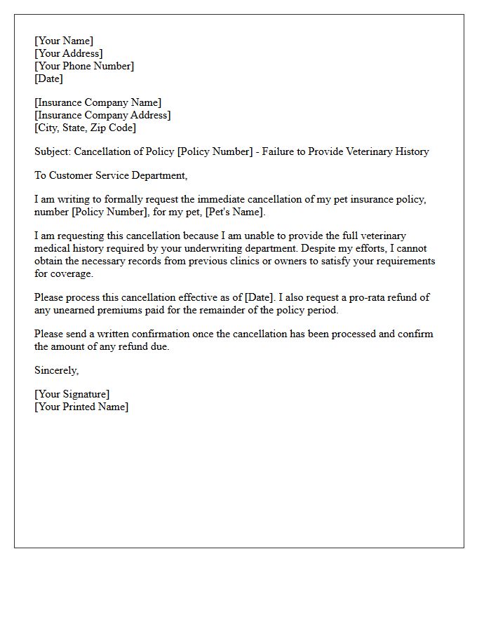 Pet Insurance Failure To Provide Veterinary History Cancellation Letter