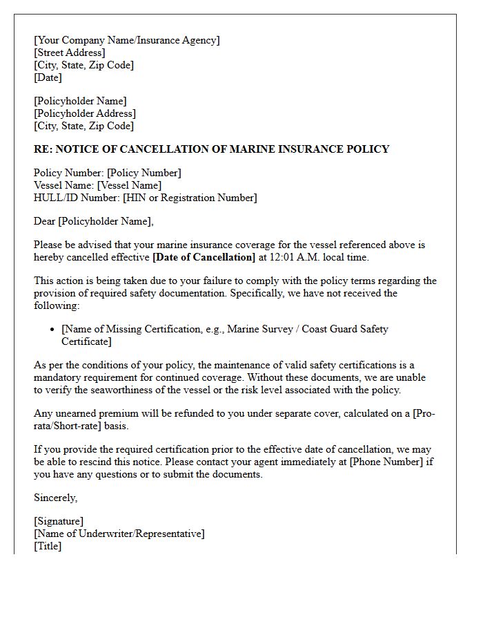Marine Insurance Failure To Provide Safety Certification Cancellation Letter