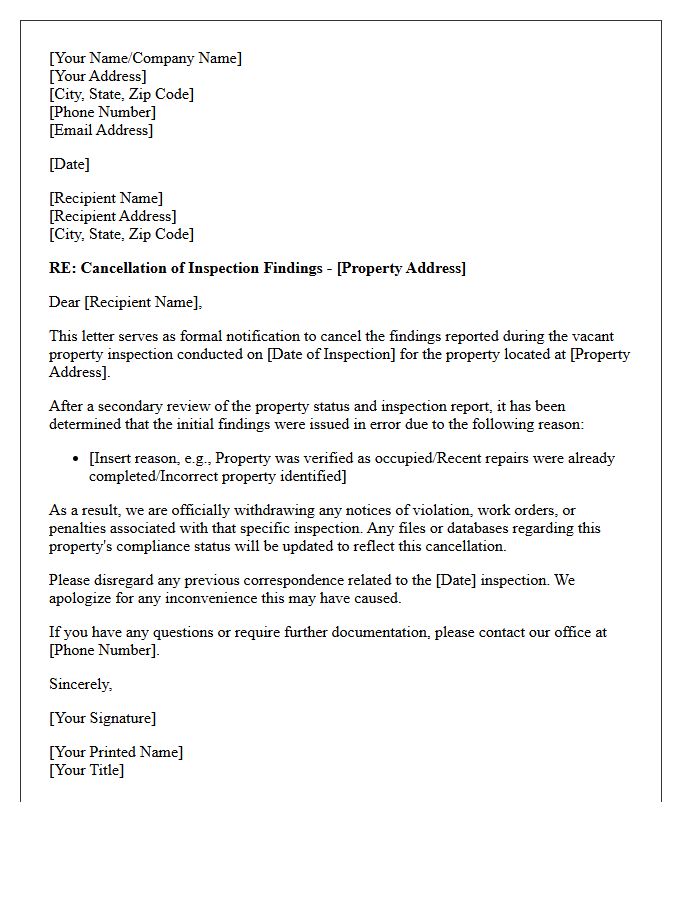 Vacant Property Inspection Findings Cancellation Letter