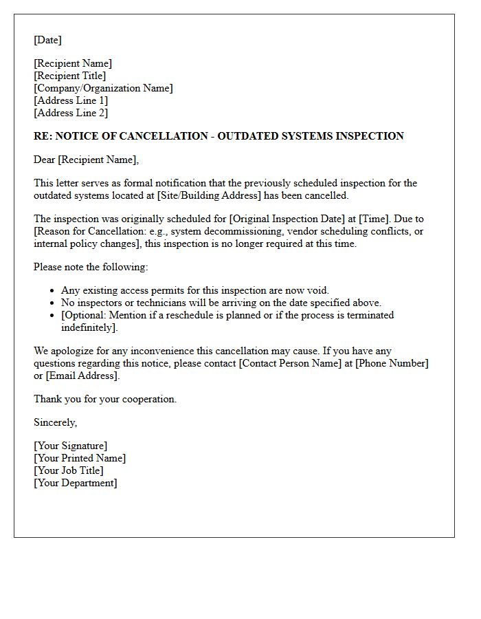Outdated Systems Inspection Notice Of Cancellation Letter