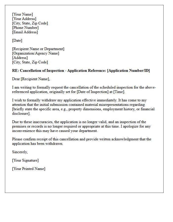 Application Misrepresentation Inspection Cancellation Letter
