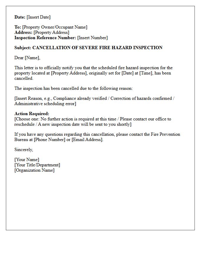 Severe Fire Hazard Inspection Cancellation Letter