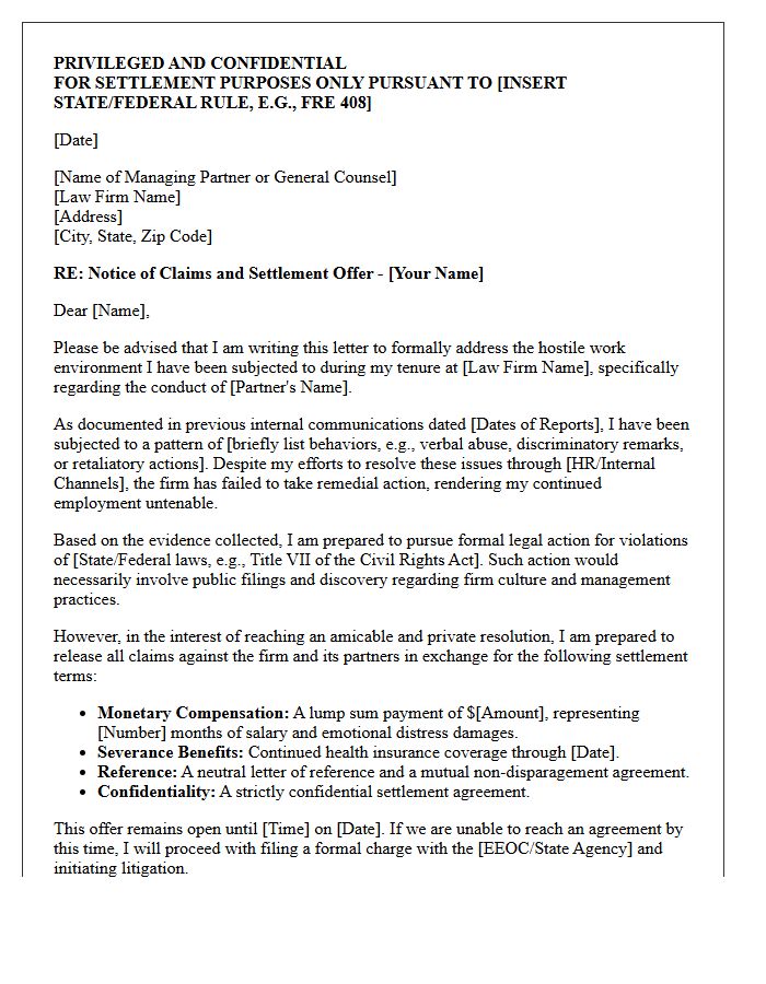 Law Firm Partner Hostile Environment Settlement Letter