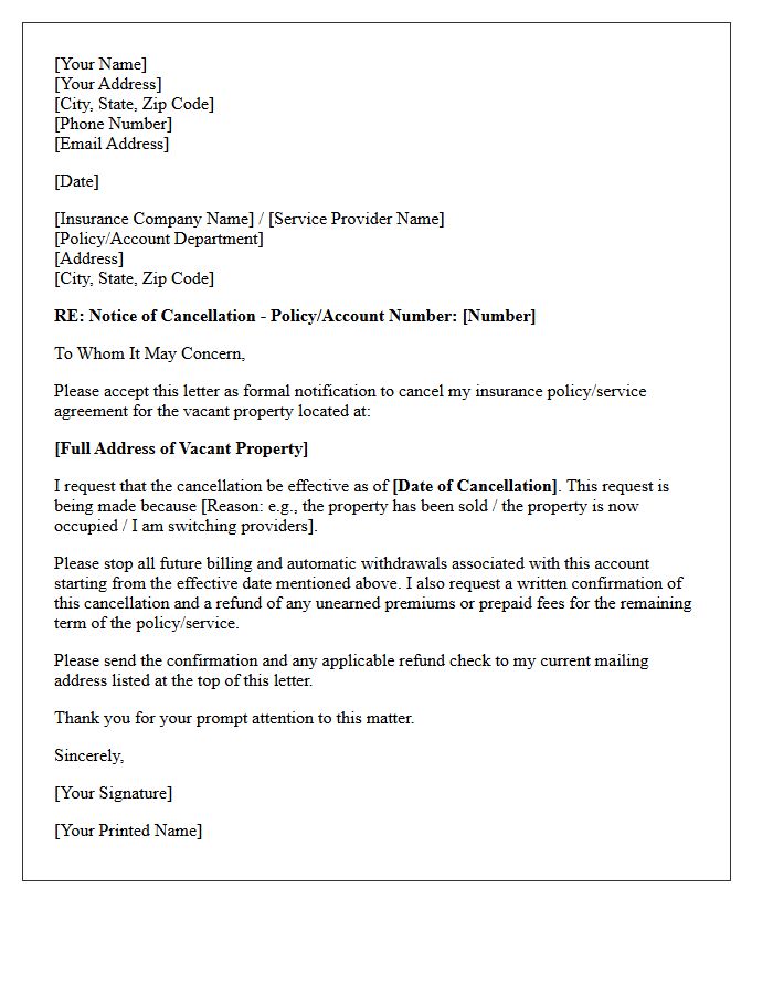 Notice Of Cancellation For Vacant Property Letter