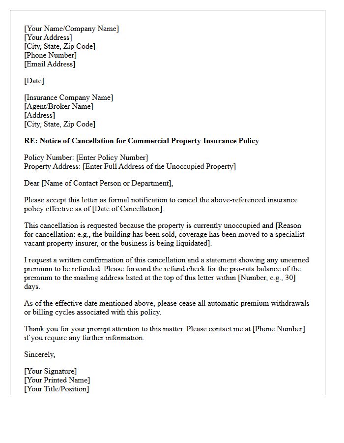 Commercial Unoccupied Property Cancellation Notice Letter