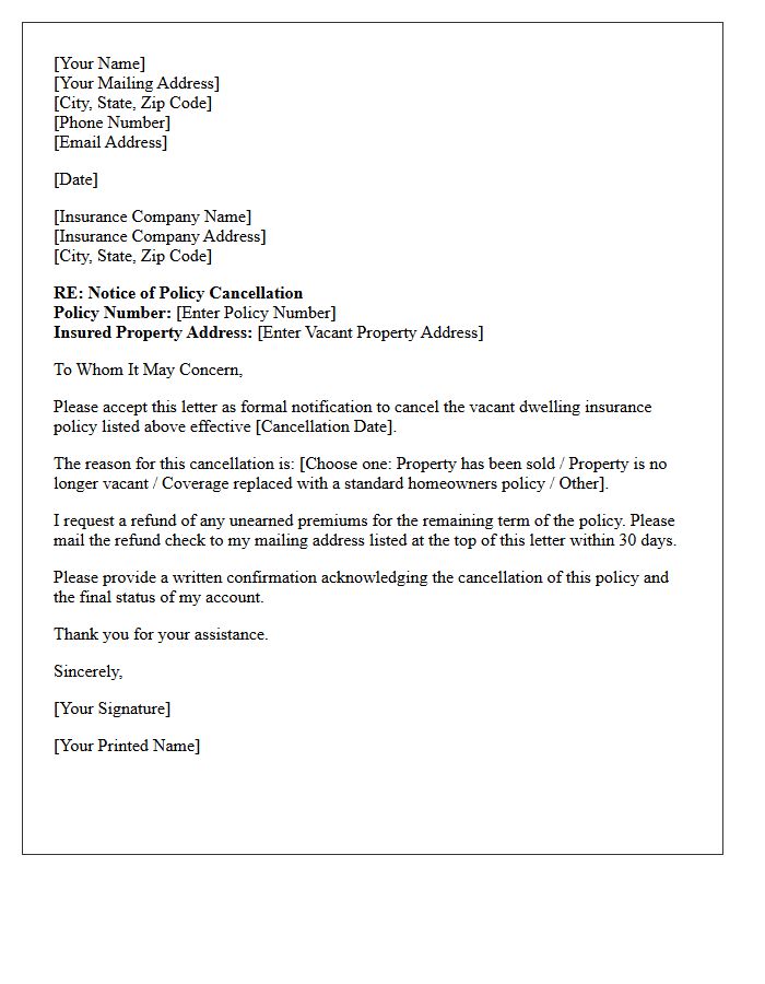 Residential Vacant Dwelling Policy Cancellation Letter