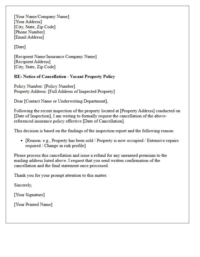 Post-Inspection Vacant Property Cancellation Letter