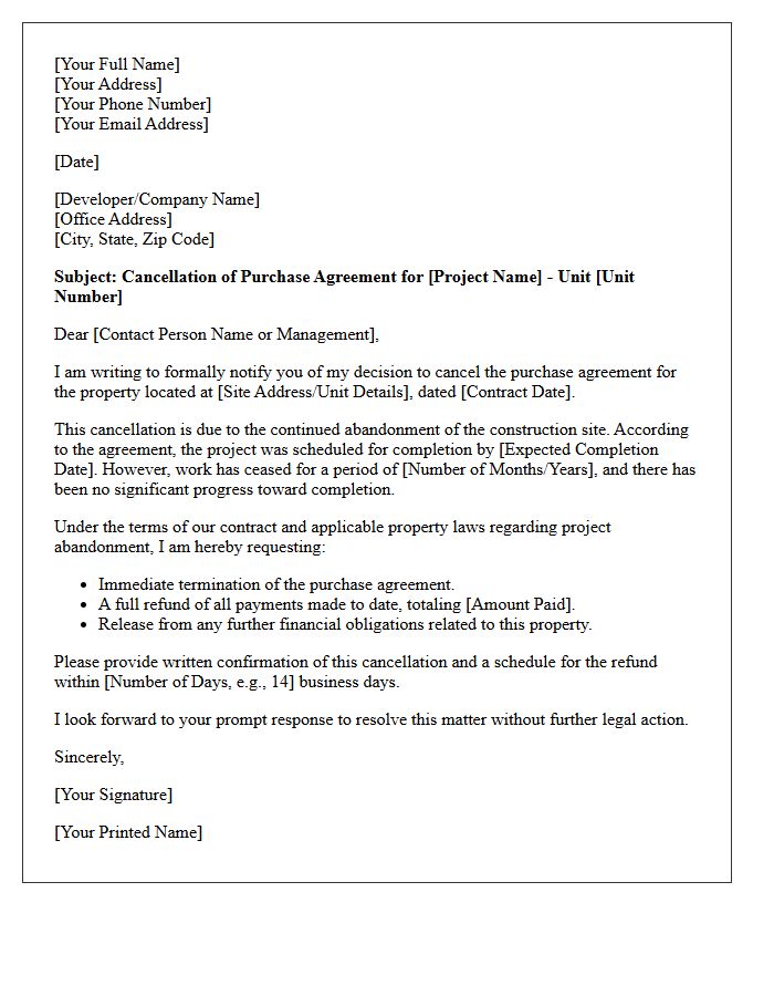 Abandoned Construction Site Property Cancellation Letter