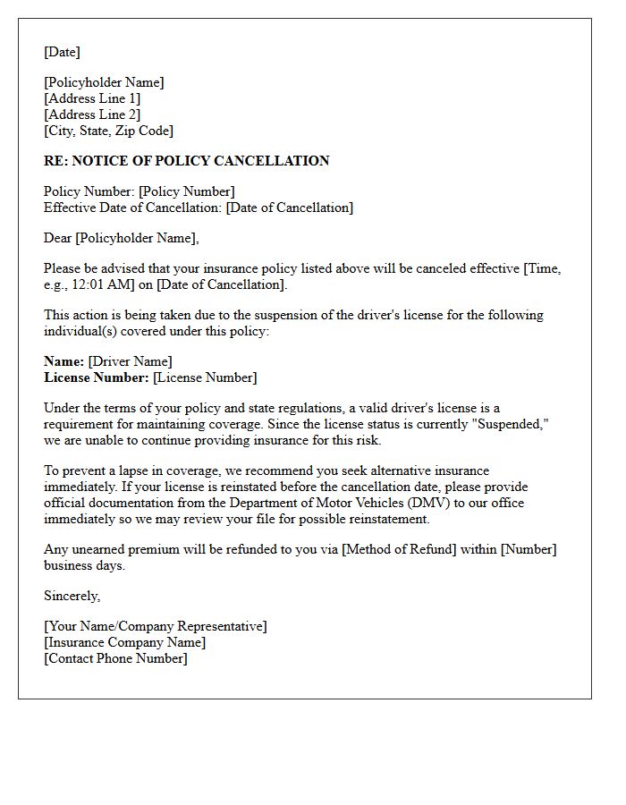 Notice Of Policy Cancellation Letter Due To Suspended Drivers License