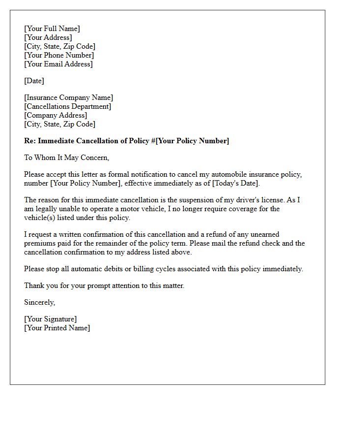 Immediate Auto Insurance Cancellation Letter For Suspended Drivers License